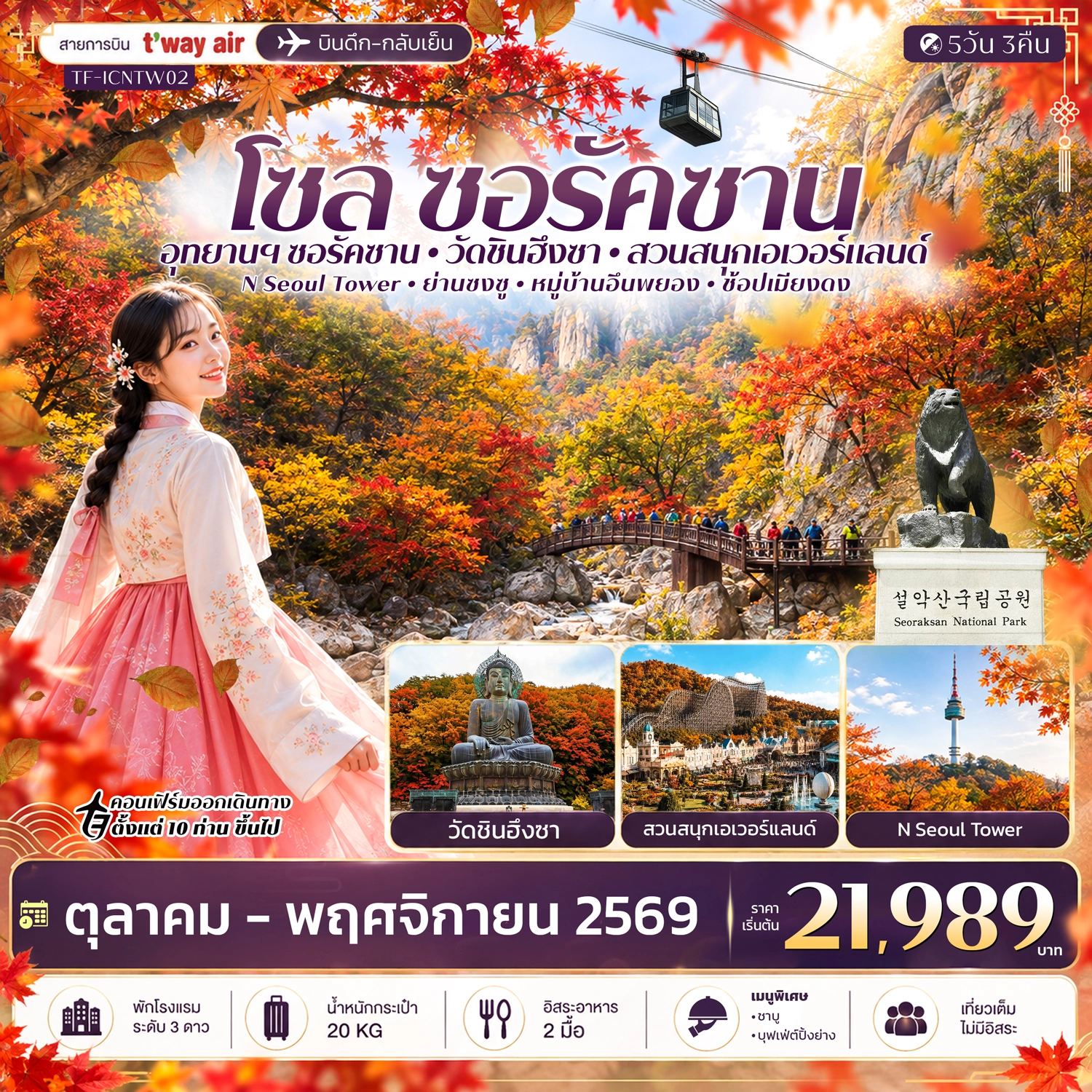 ทัวร์เกาหลี เกาหลี โซล ซอรัคซาน สวนสนุกเอเวอร์แลนด์ 5วัน 3คืน  (TW)