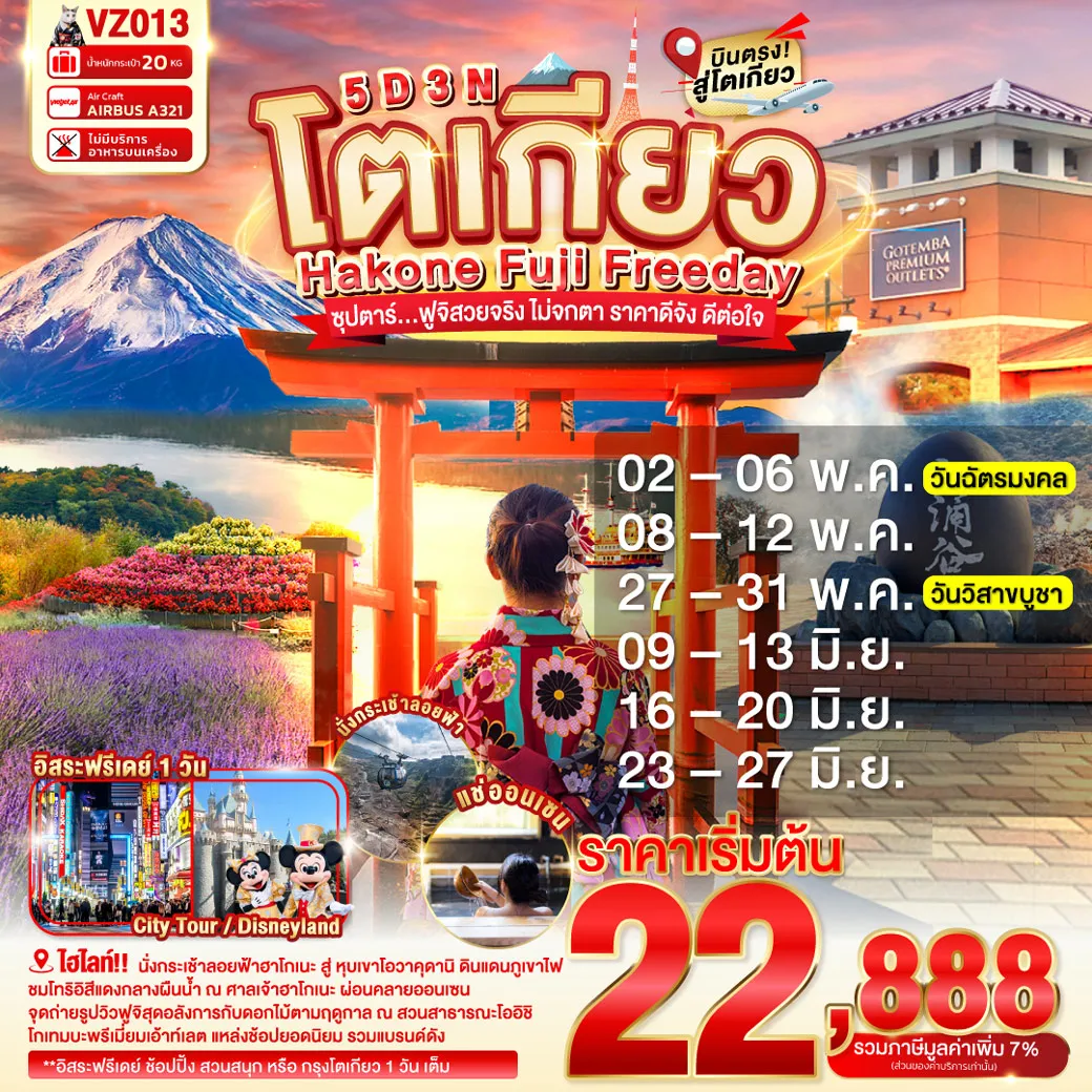 ทัวร์ญี่ปุ่น TOKYO HAKONE FUJI FREEDAY ซุปตาร์...ฟูจิสวยจริง ไม่จกตา ราคาดีจัง ดีต่อใจ 5วัน 3คืน (VZ)